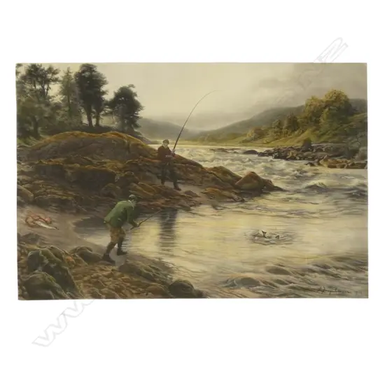 AFTER J FARQUHARSON, 'SALMON FISHING ON THE DEE', HANDCOLOURED ENGRAVING, 650 X 900MM (UNFRAMED, CREASES TO TWO CORNERS)