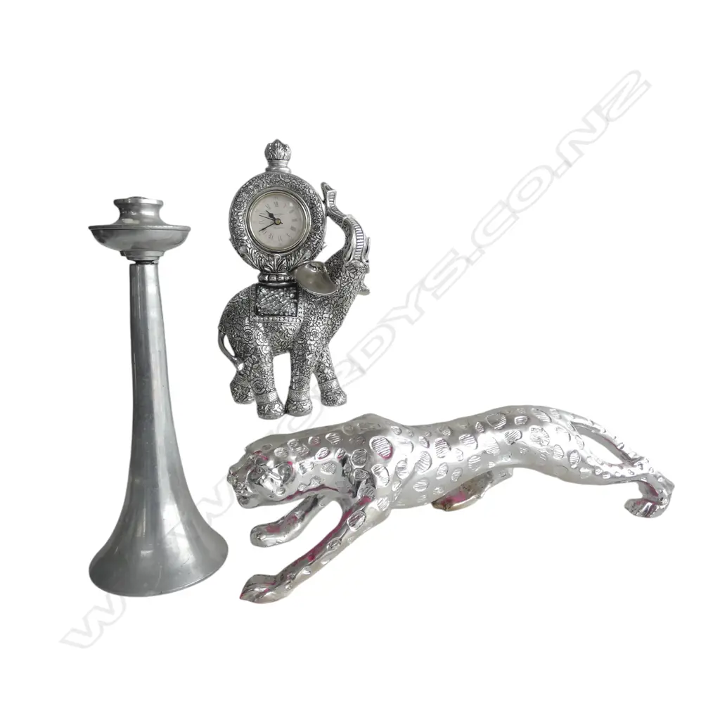 3 SILVER TONE PCES; RESIN ELEPHANT CLOCK, LEOPARD L.550mm, METAL CANDLESTICK Image 1++