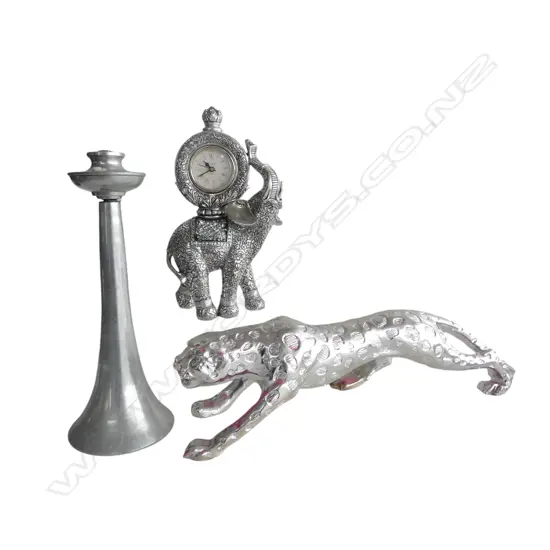 3 SILVER TONE PCES; RESIN ELEPHANT CLOCK, LEOPARD L.550mm, METAL CANDLESTICK