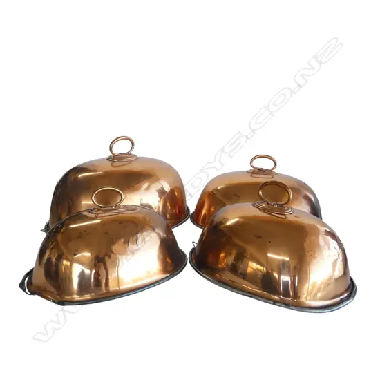4 COPPER MEAT COVERS two w. damage/repairs, largest L.480mm