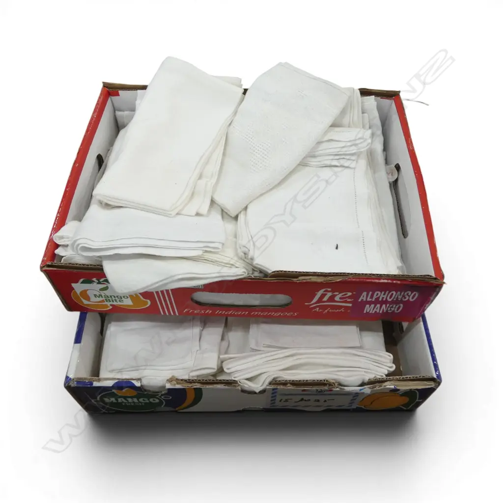2 BOXES WHITE LINEN NAPKINS ETC Image 1++
