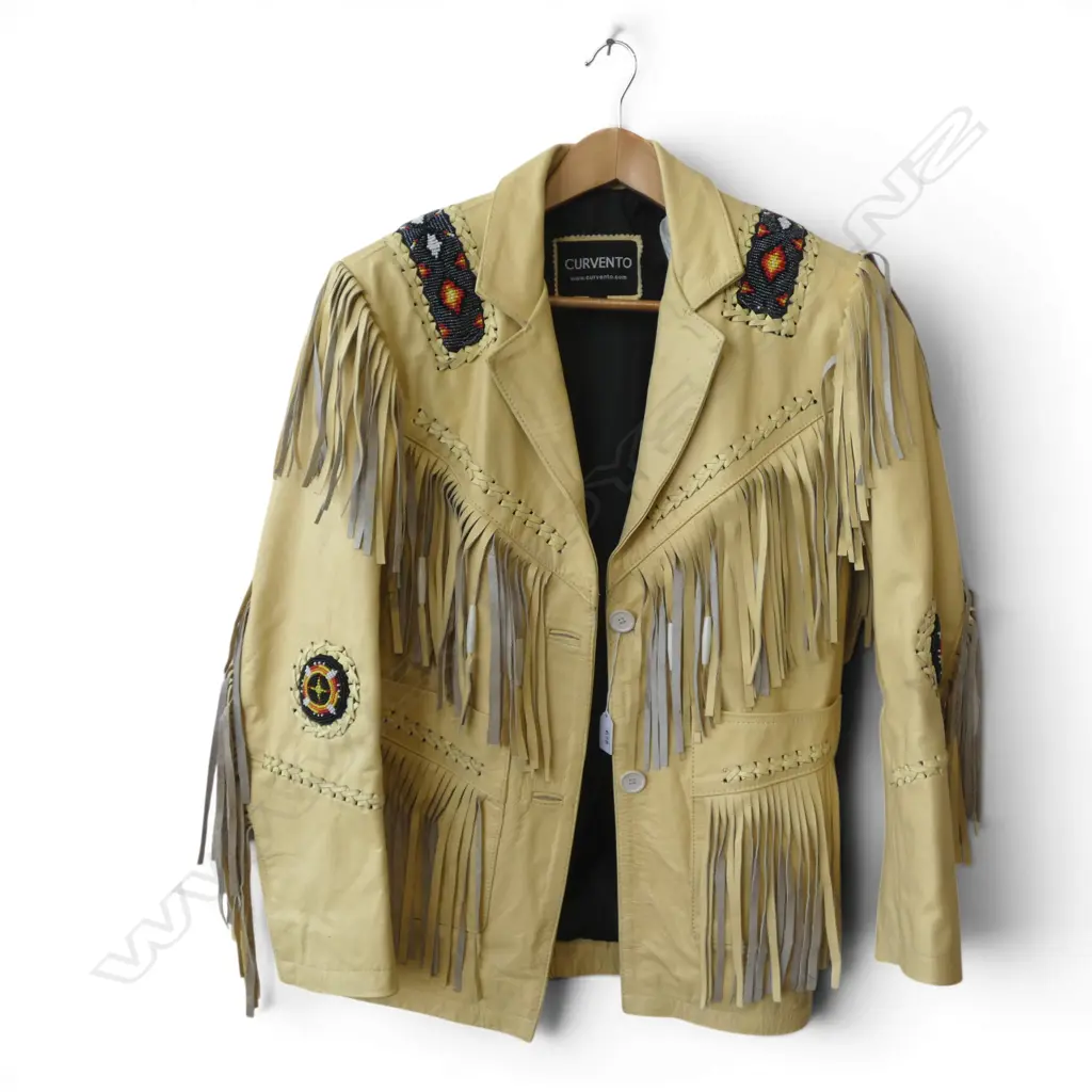 RED INDIAN style TASSEL cream LEATHER JACKET beaded panel highlights. By Curvento size S Image 1++