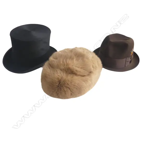 3 VINTAGE HATS; BOWLER (DOBBS 5TH AVE 7 1/4), TOP HAT (LOCK & Co) RABBIT FUR HAT BY LUXE SIZE 3