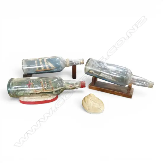 3 SHIPS IN BOTTLES ON STANDS W.310mm + PLASTER BUST 105x80mm