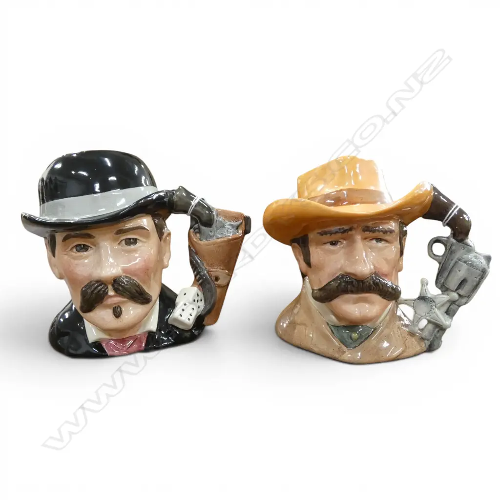 2 ROYAL DOULTON WILD WEST CHARACTER JUGS; WYATT EARP & DOC HOLLIDAY H.140mm Image 1++
