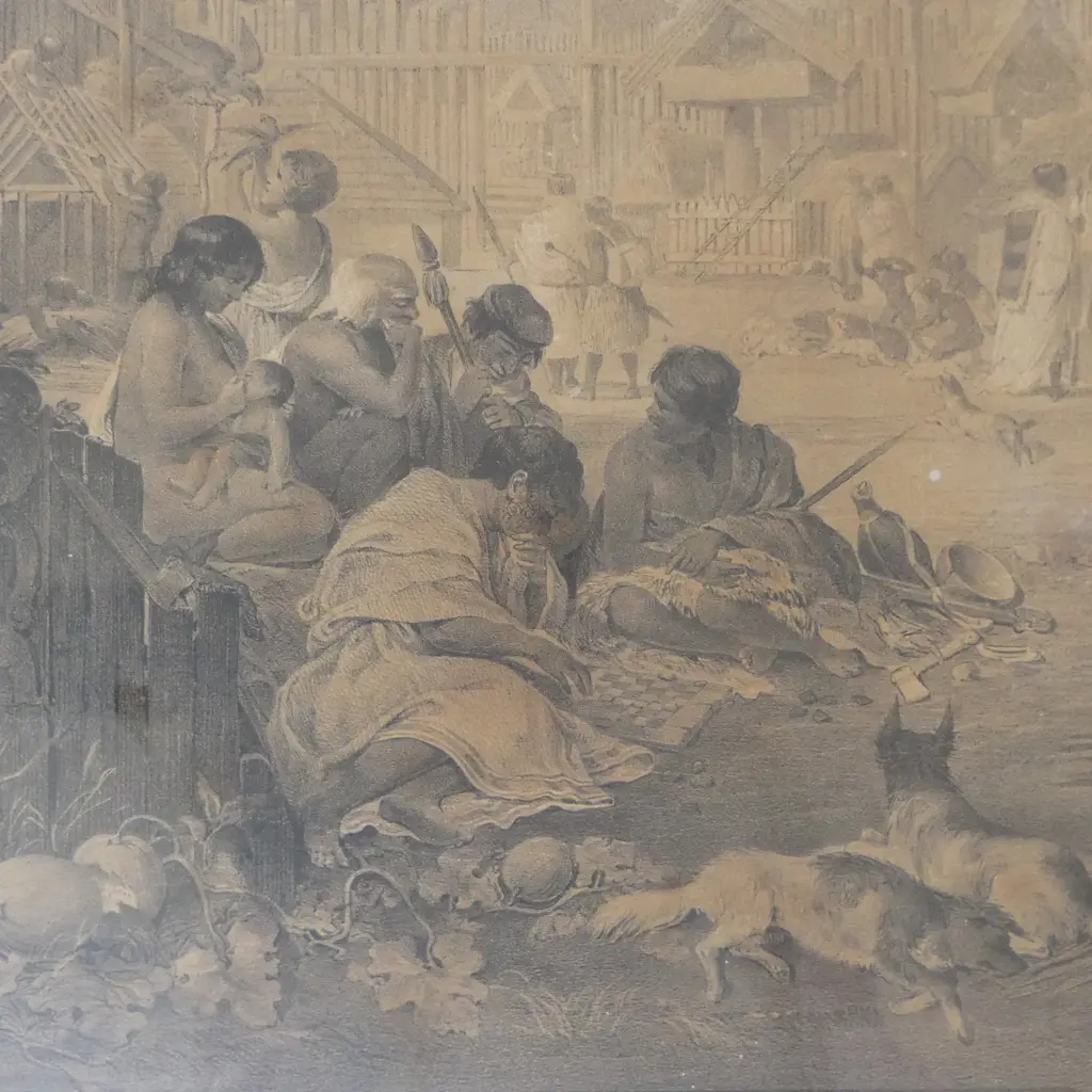 JOHN ALEXANDER GILFILLAN, INTERIOR OF A NATIVE VILLAGE OF NZ, LITHOGRAPH, 480 X 630mm (NOTE PAPER DAMAGE, ALL OVER STAIN Image 1++