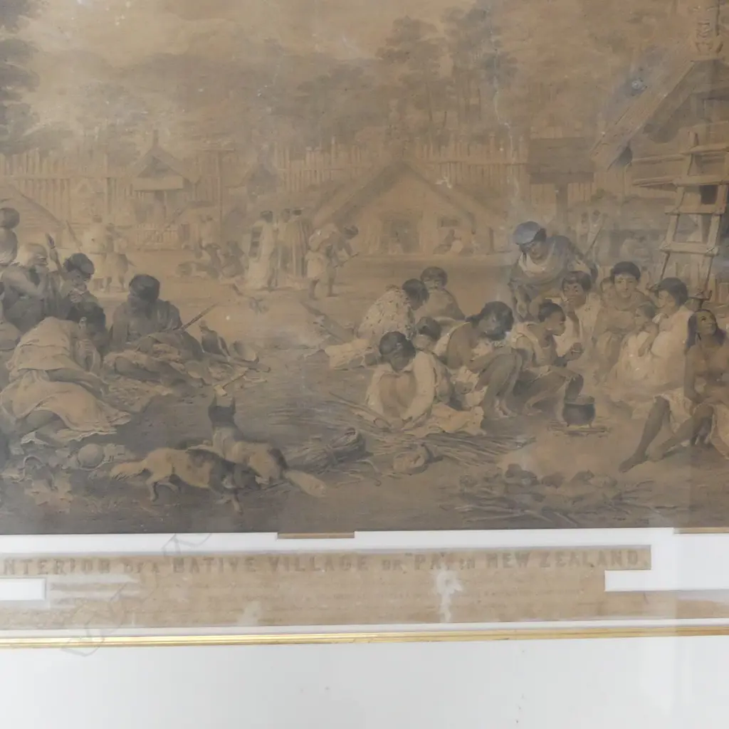 JOHN ALEXANDER GILFILLAN, INTERIOR OF A NATIVE VILLAGE OF NZ, LITHOGRAPH, 480 X 630mm (NOTE PAPER DAMAGE, ALL OVER STAIN Image 1++