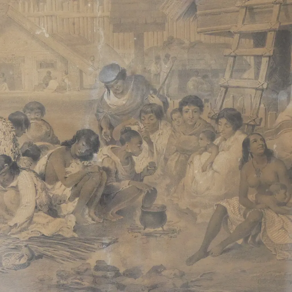 JOHN ALEXANDER GILFILLAN, INTERIOR OF A NATIVE VILLAGE OF NZ, LITHOGRAPH, 480 X 630mm (NOTE PAPER DAMAGE, ALL OVER STAIN Image 1++