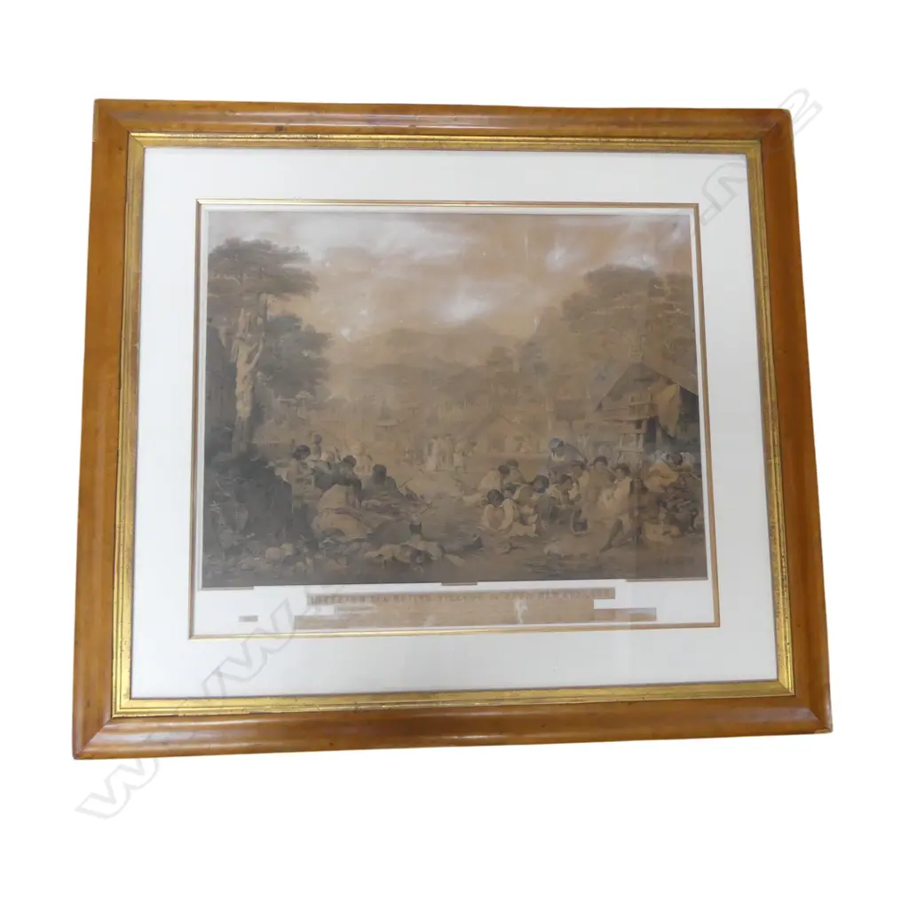 JOHN ALEXANDER GILFILLAN, INTERIOR OF A NATIVE VILLAGE OF NZ, LITHOGRAPH, 480 X 630mm (NOTE PAPER DAMAGE, ALL OVER STAIN Image 1++