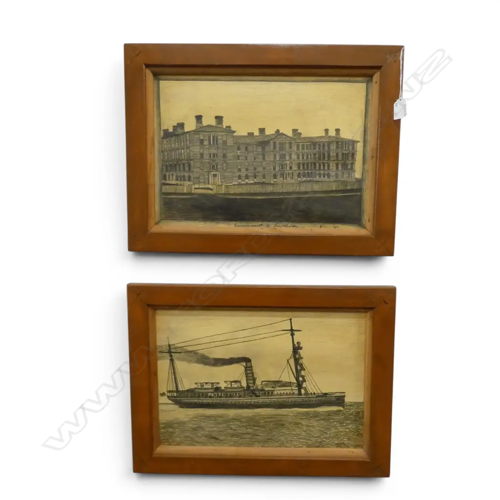 2 FOLK ART PENCIL DRAWINGS; BOAT & OLD GOVERNMENT BUILDINGS WELLINGTON 270x395mm Image 1++