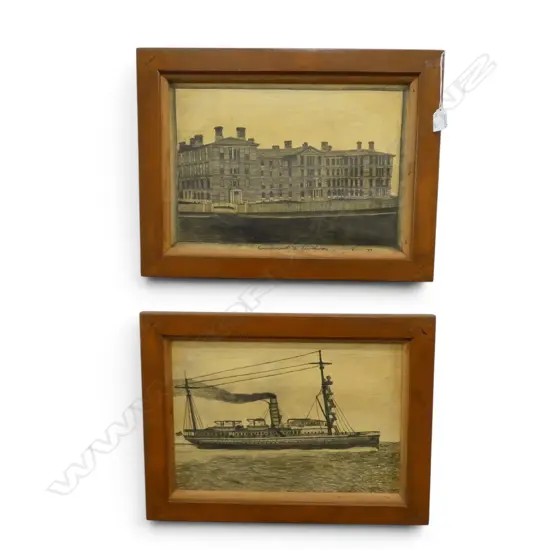 2 FOLK ART PENCIL DRAWINGS; BOAT & OLD GOVERNMENT BUILDINGS WELLINGTON 270x395mm