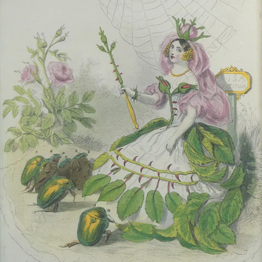 " THE ANIMATED FLOWERS" 1867 FRAMED FRENCH PRINT BY CHARLES GEOFFROY, 360 X 270mm Image 1++