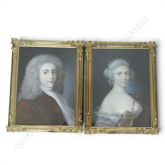 18th CENTURY SCHOOL, PORTRAITS OF A YOUNG COUPLE, PASTEL, UNSIGNED, 570 X 425MM (WATER MARK ON FEMALE)