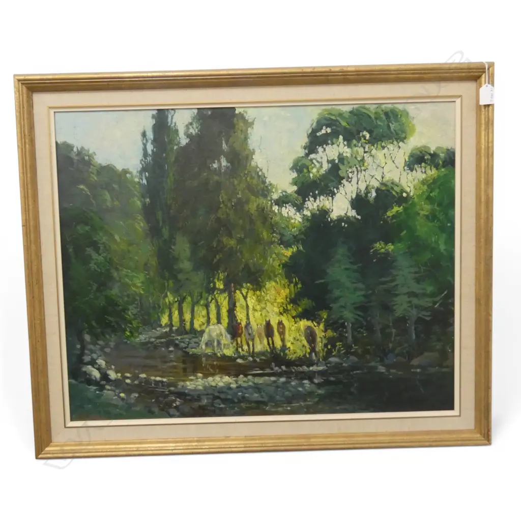 GEORGE E. LEWENS, HORSES AT THE STREAM, OIL ON CANVAS BOARD, SIGNED, 590 X 755mm Image 1++
