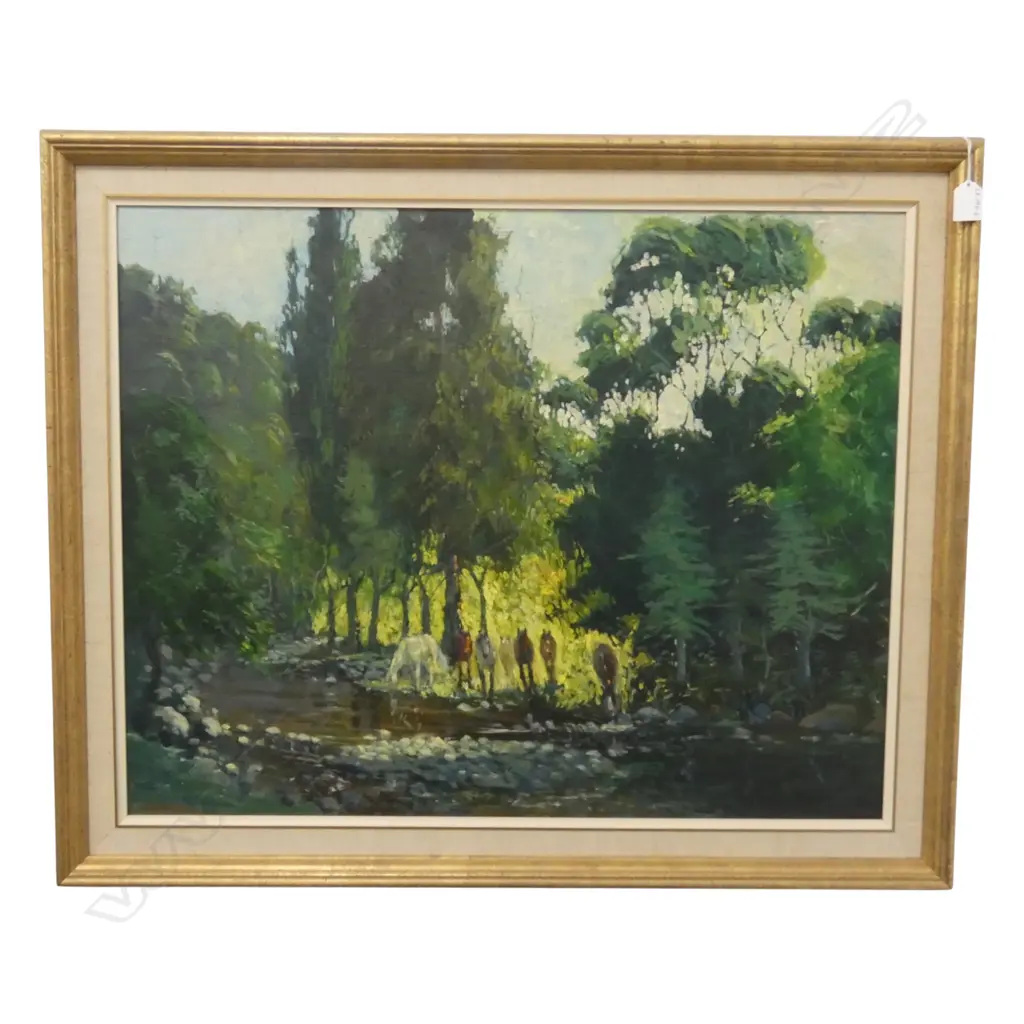 GEORGE E. LEWENS, HORSES AT THE STREAM, OIL ON CANVAS BOARD, SIGNED, 590 X 755mm Image 1++