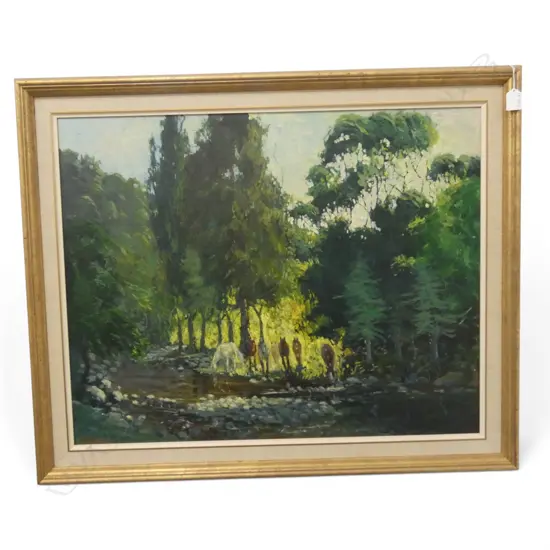 GEORGE E. LEWENS, HORSES AT THE STREAM, OIL ON CANVAS BOARD, SIGNED, 590 X 755mm