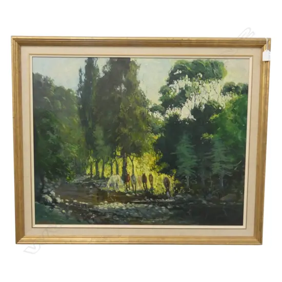 GEORGE E. LEWENS, HORSES AT THE STREAM, OIL ON CANVAS BOARD, SIGNED, 590 X 755mm
