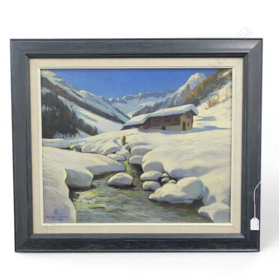 SNOWY LANDSCAPE, OIL ON BOARD, SIGNED AND DATED 1927, 445 X 540mm