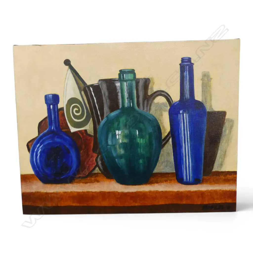 ROGER STAPLES, 'THREE BLUE BOTTLES' OIL ON CANVAS, 355 X 455mm Image 1++
