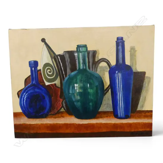 ROGER STAPLES, 'THREE BLUE BOTTLES' OIL ON CANVAS, 355 X 455mm