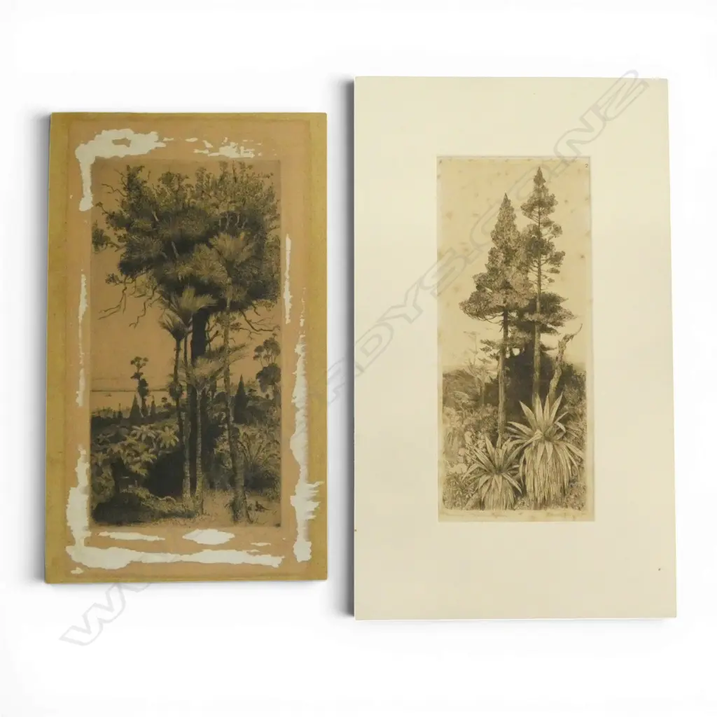TREVOR LLOYD, 'EVENING - MOUNTAIN CYPRESS & UNTITLED', ETCHING X 2, 335 X 170MM (ONE FOXED AND ONE HAS MOUNT REMOVED) Image 1++