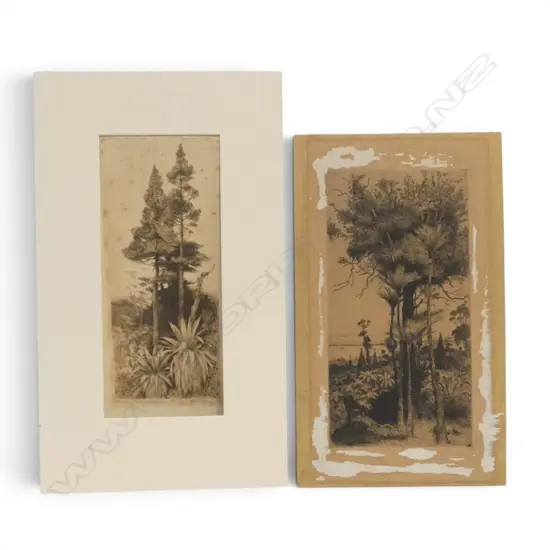 TREVOR LLOYD, 'EVENING - MOUNTAIN CYPRESS & UNTITLED', ETCHING X 2, 335 X 170MM (ONE FOXED AND ONE HAS MOUNT REMOVED)
