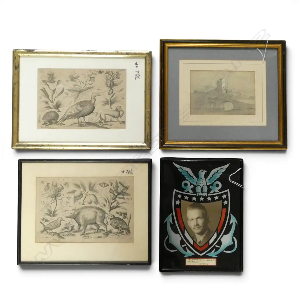 4 ARTWORKS; 2 JOHN DUNSTALL ETCHINGS (1663) 150x225mm, MARINES PORTRAIT, CASTLE AT BALLANTRAE, GRAPHITE ON PAPER 1830 Image 1++
