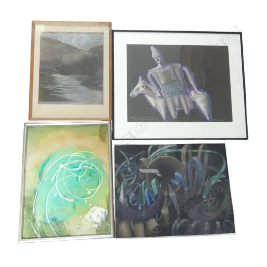 4 ARTWORKS; 3 PASTELS +  A. C. ODDY 'MERGING FORCES' 445x595mm