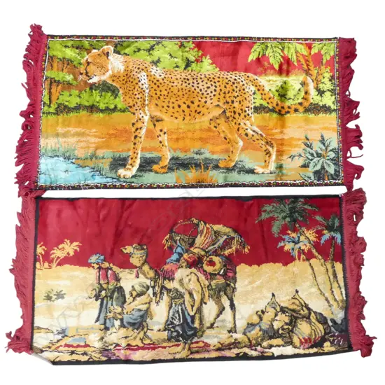 2 X VINTAGE VELVET TAPESTRIES, ONE CHEETAH, ONE ARABIAN DESERT SCENE, 490 X 980MM