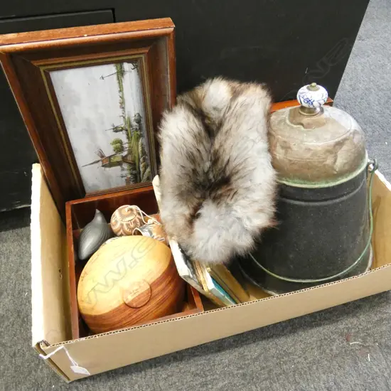 3 TILES, COAL BUCKET, 2 WOODEN BOXES, ANNEKE BORREN BELLS ETC