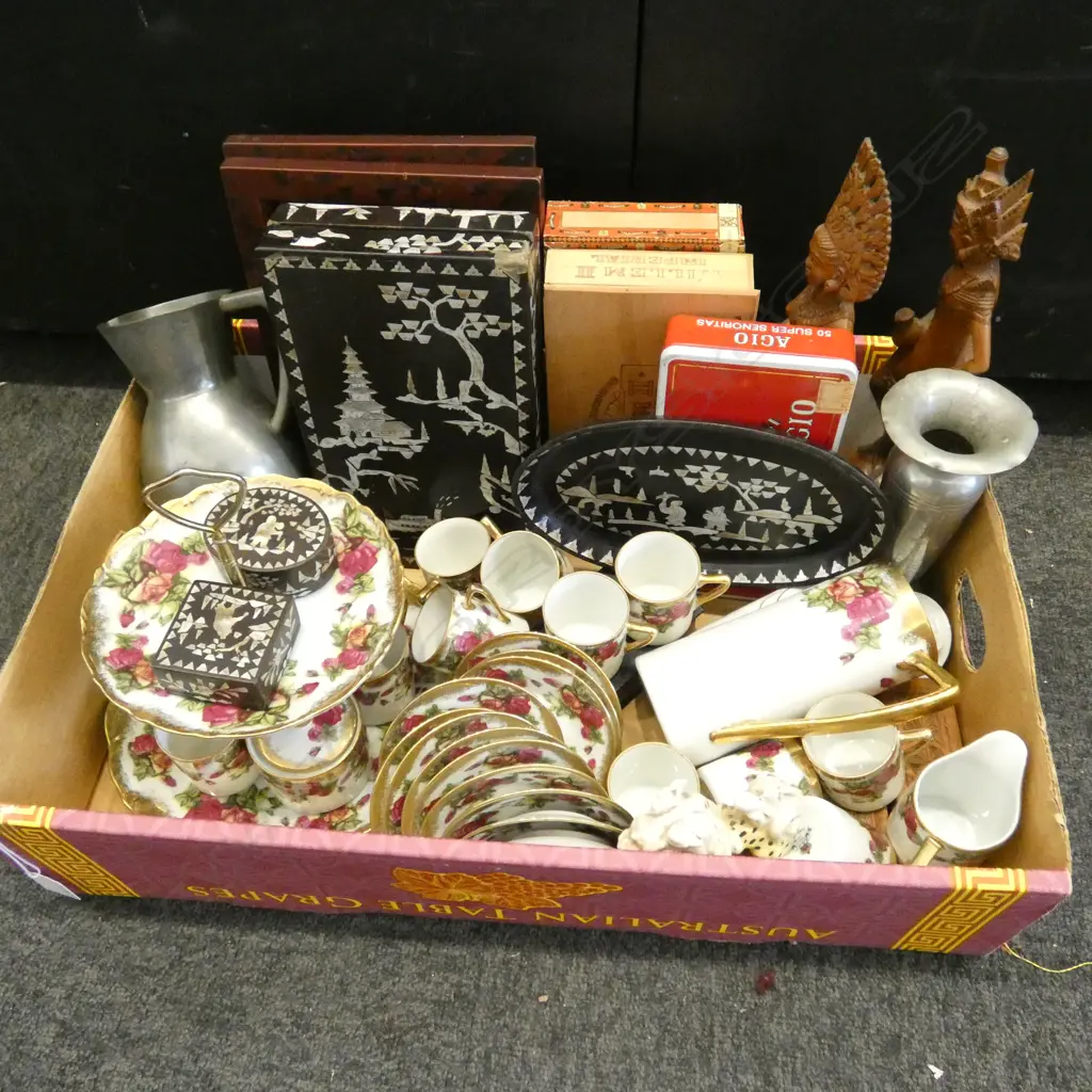 JAPANESE TEA SET, MoP INLAID BOXES, PEWTER JUG ETC Image 1++