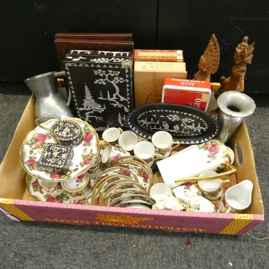 JAPANESE TEA SET, MoP INLAID BOXES, PEWTER JUG ETC