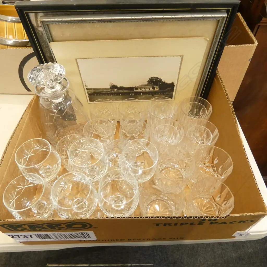 ASST. CRYSTAL; STUART DECANTER, TUMBLERS (8+6) + B/W PHOTOS Image 1++
