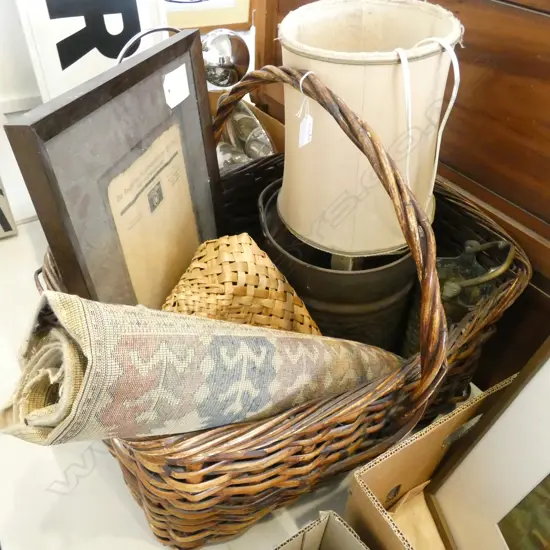 LG WOVEN BASKET, WWII GERMAN FRAMED LETTERHEAD, LAMP ETC