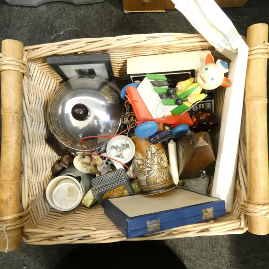 ASST. ITEMS IN CANE BOX; METRONOME, TOYS ETC