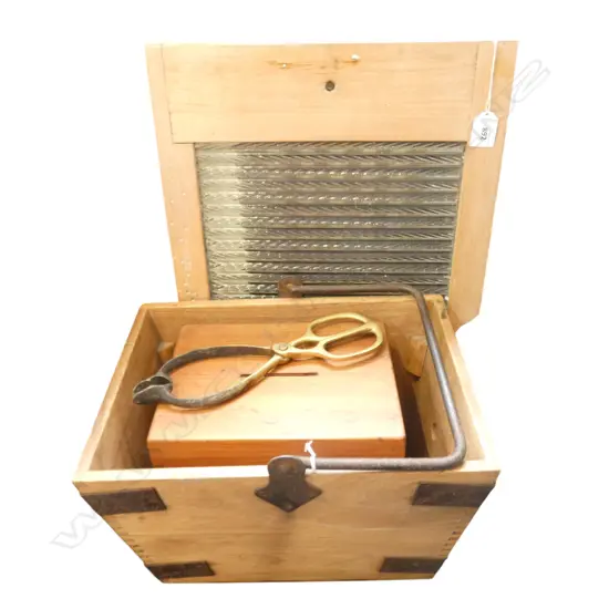 WASHBOARD, BALLOT BOX, METAL BOUND WOOD BASKET & TONGS