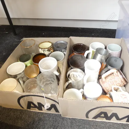 BOX OF 24 MIXED DESIGNS BEER MUGS CHINA GLASS PEWTER ETC