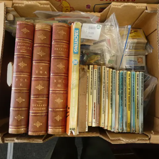 ASST. BOOKS; HITCHCOCK MYSTERIES ETC, COLLECTORS CARDS, COINS ETC