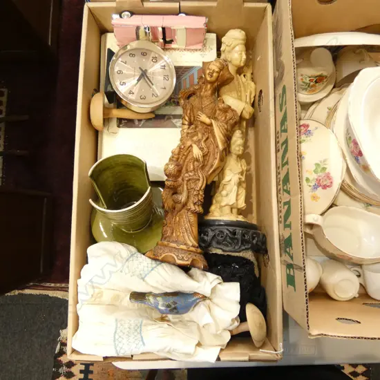 2 ORIENTAL RESIN FIGURES, CLOCK, VINTAGE FASHION ETC