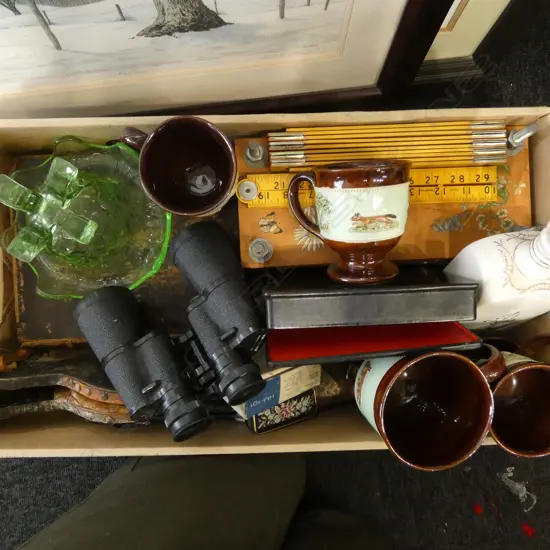 BINOCULARS, DENBY HUNTING MUGS, RULERS ETC