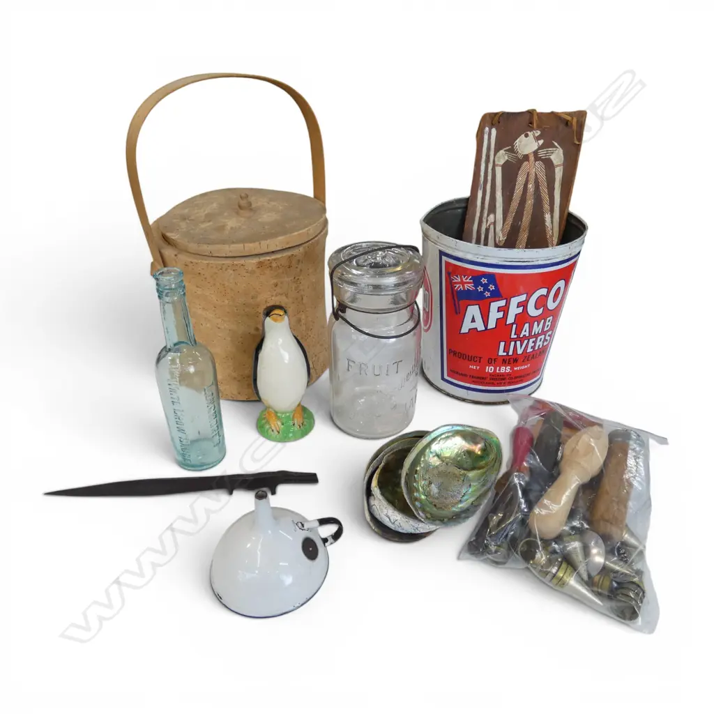 ASST. COLLECTIBLES Incl. VINTAGE GLASS, KITCHENALIA, N.Z. LIVER TIN etc Image 1++