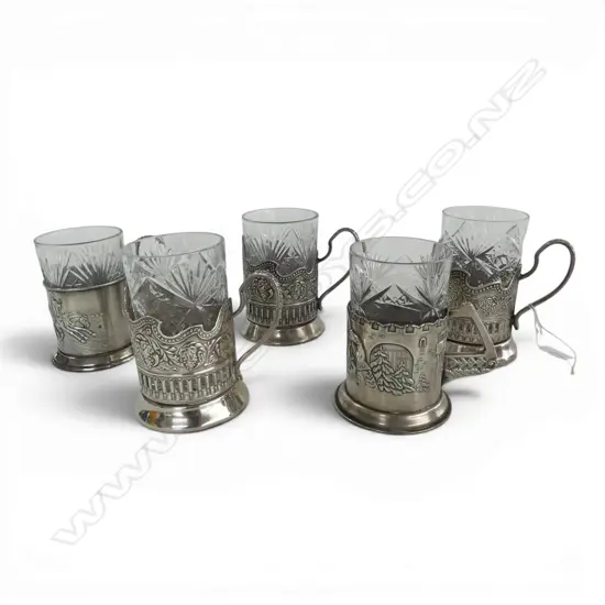 5 PODSTAKANNIK / RUSSIAN TEA HOLDERS w. CUT CRYSTAL GLASSES