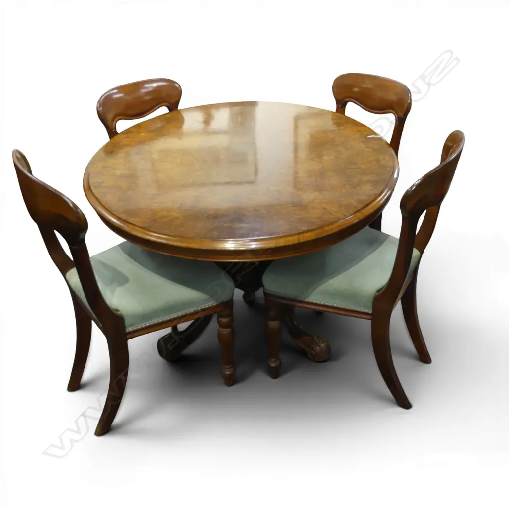 VICTORIAN WALNUT LOO TABLE L.1440 H.740mm + 4 VICTORIAN CHAIRS Image 1++