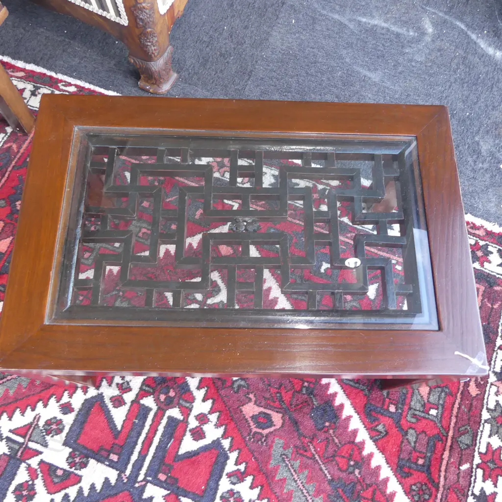 ORIENTAL SIDE TABLE w. INLAID GLASS TOP 730x480x350mm Image 1++