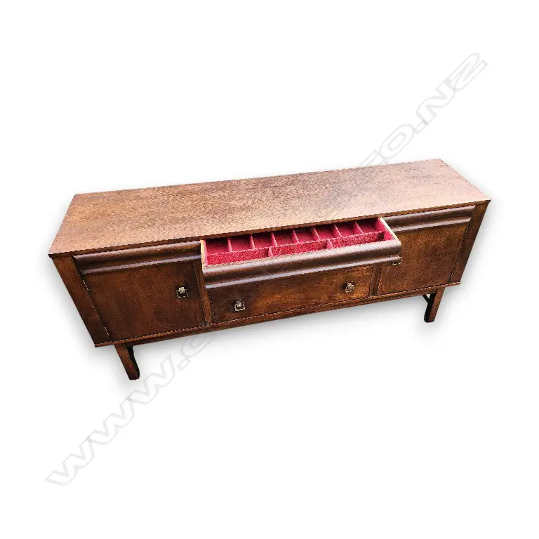 MID-CENTURY MODERN WOODEN SIDEBOARD WITH A RED FELT-LINED CUTLERY DRAWER AND BRASS HARDWARE 1800 x 450 x 830 mm Image 1++