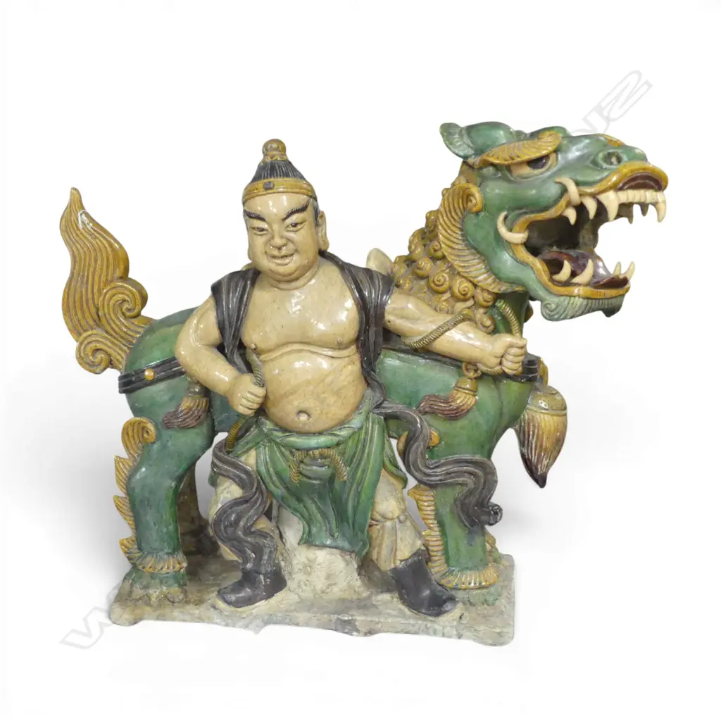 PR ORIENTAL CERAMIC TEMPLE FU LIONS, ONE WITH FAULTS AND RESTAURED PARTS 700x300x600mm Image 1++