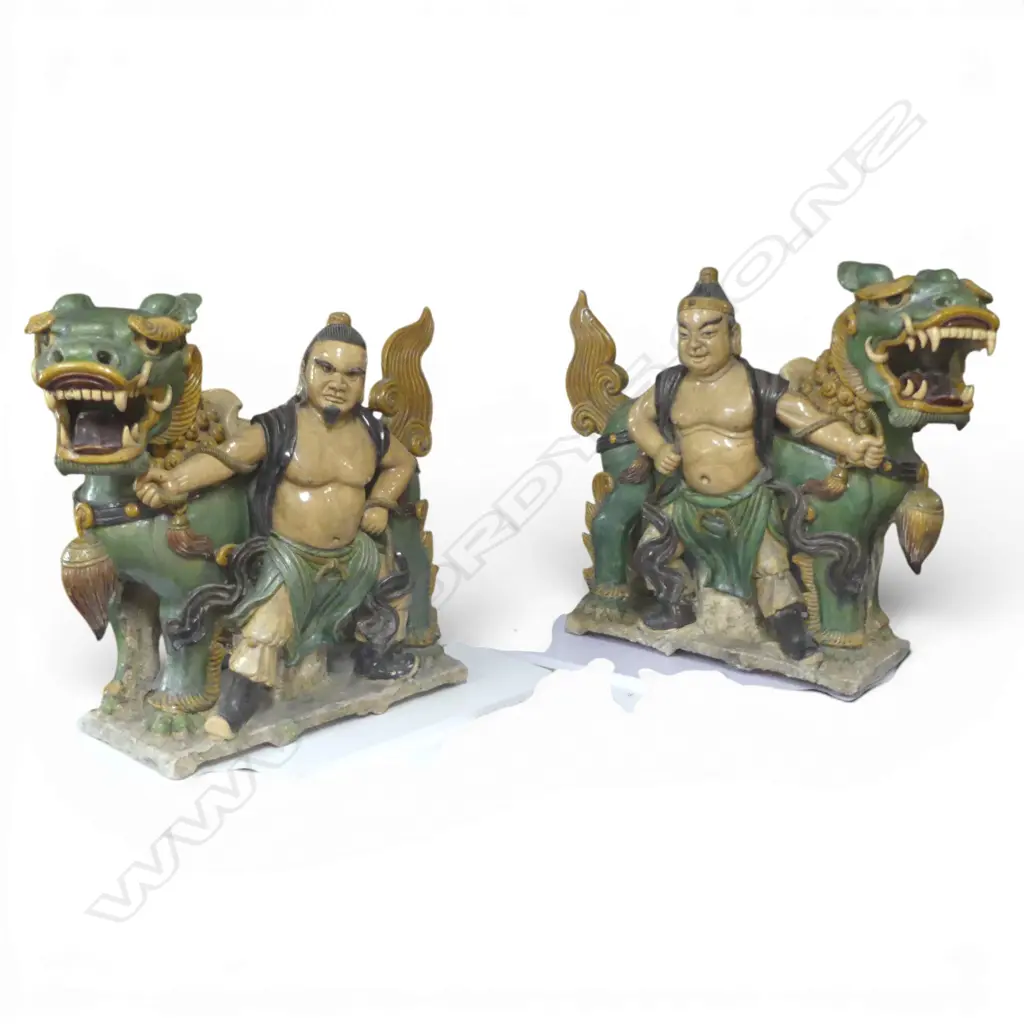 PR ORIENTAL CERAMIC TEMPLE FU LIONS, ONE WITH FAULTS AND RESTAURED PARTS 700x300x600mm Image 1++