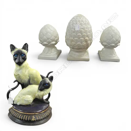 3 DECORATIVE CHINA PINE CONE FINIALS H300 & 230MM PR PLUS CAT DOORSTOP