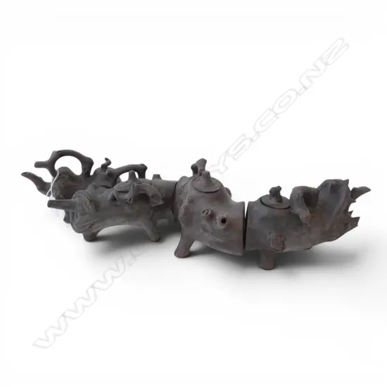 4 YIXING WARE TEAPOTS (FORMS A GNARLED BRANCH / DRAGON L.540mm)