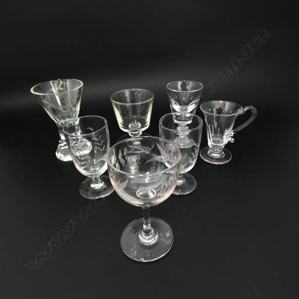 7 ANTIQUE GLASSES INCL. 6 ASSTD GLASSES & GEORGIAN JELLY CUP, H.90MM-125MM  Image 1++